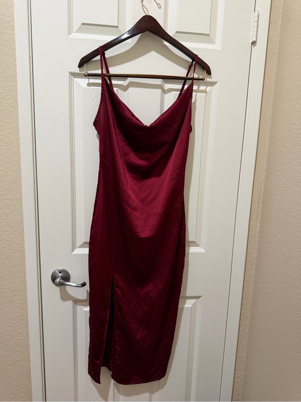 PrettyLittleThing Satin Cowl Midi Dress in Burgundy